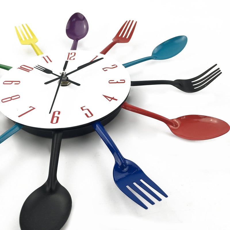 Timelike Kitchen Wall Clock, 3D Removable Modern Creative Cutlery Kitchen Spoon Fork Wall Clock Mirror Wall Decal Wall Sticker Room Home Decoration (Colorful) - Image 3